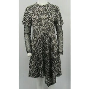 NWT Geon. J Black & White Floral Print Asymmetrical Dress w/ Sheer Sleeves sz 8